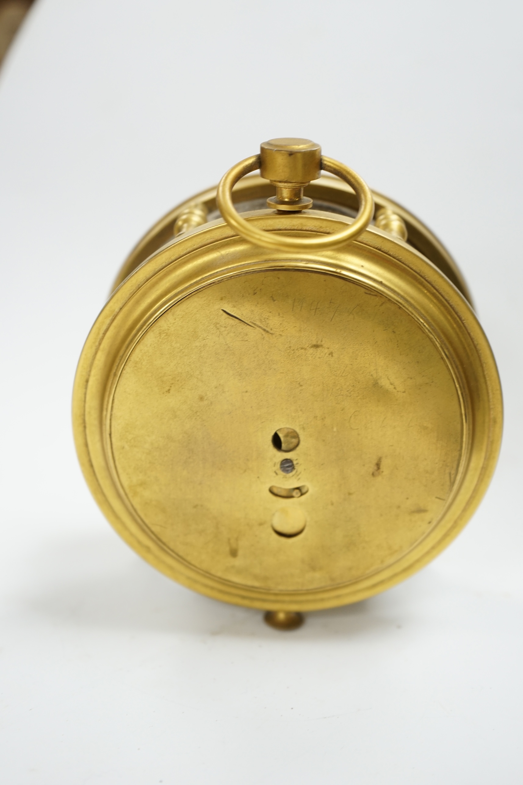 A late 19th century brass and glass drum shaped timepiece unusually with an English single fusee movement with platform lever escapement, 12.5cm high. Condition - good, unchecked if in working order